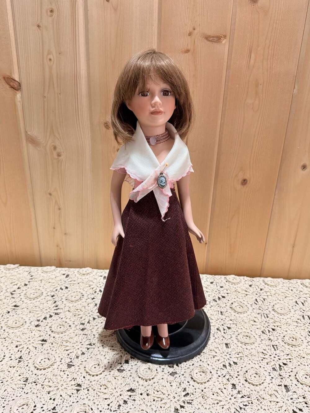 Vintage Pioneer Heritage Porcelain Doll A-Line Brown Skirt, Shawl & Brooch